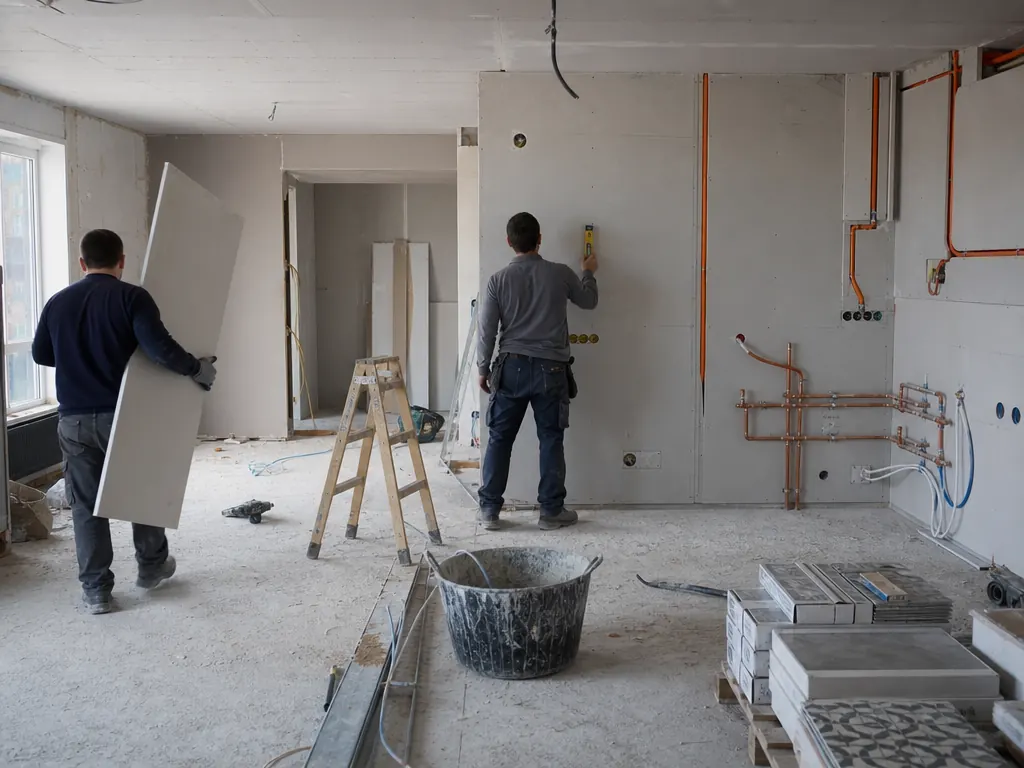 Reforma integral de un piso en obra: tabiques nuevos, tubos de electricidad y fontanería, azulejos apilados y dos operarios trabajando